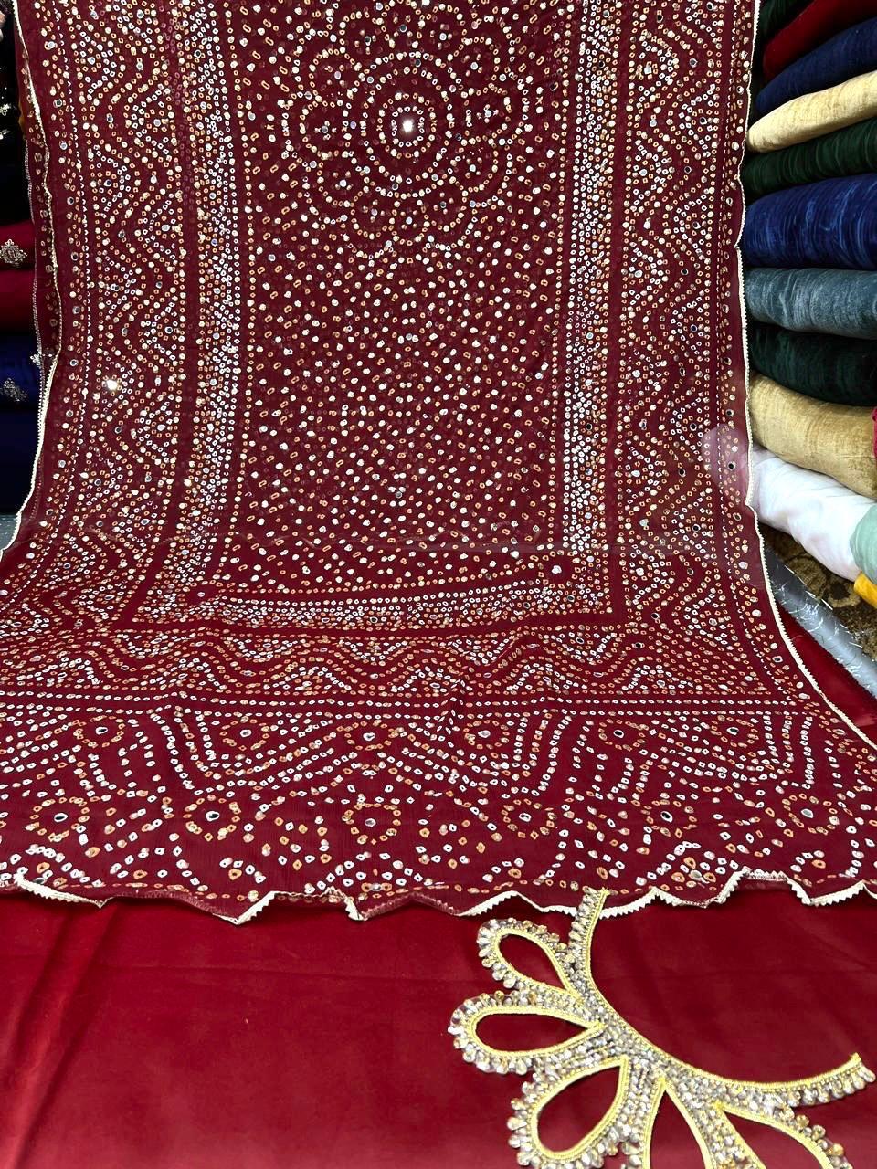 Chiffon Chundri Handwork Dupatta  With Plain Silk Suit  - 3 Pcs