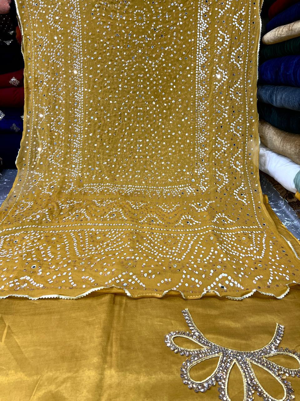 Chiffon Chundri Handwork Dupatta  With Plain Silk Suit  - 3 Pcs