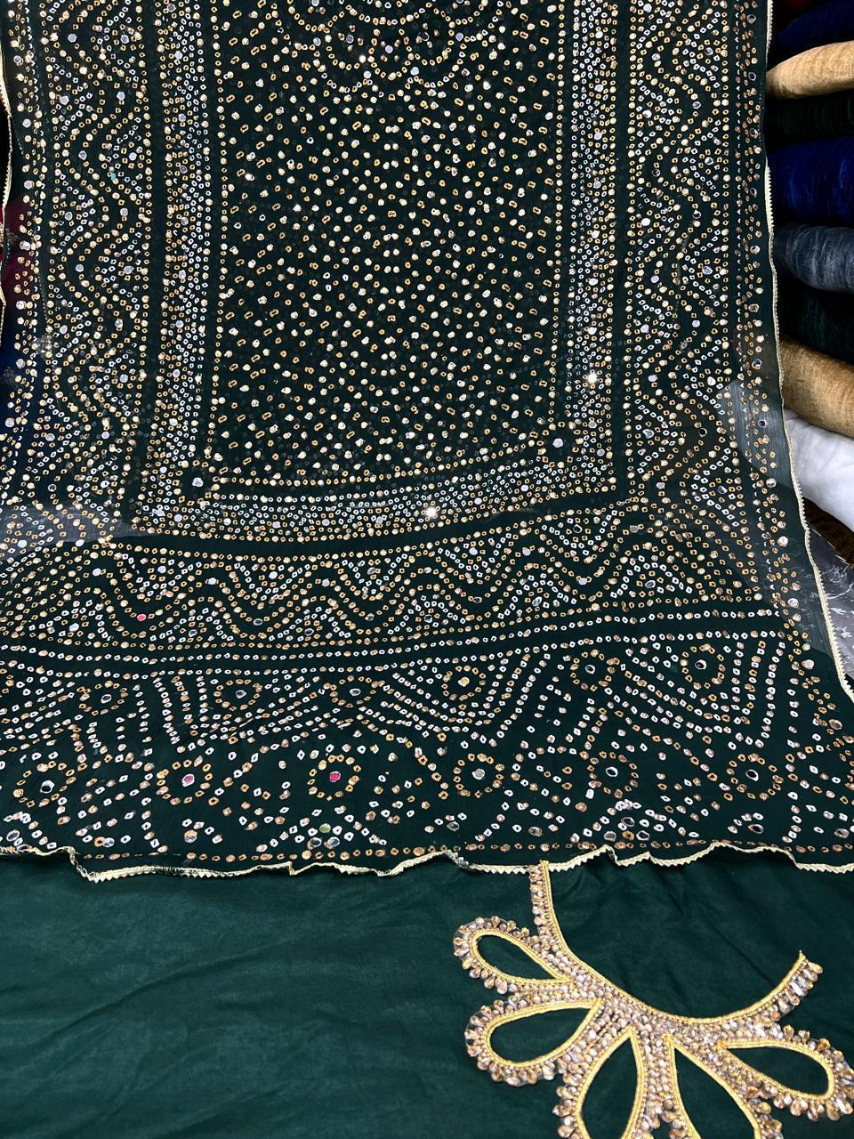 Chiffon Chundri Handwork Dupatta  With Plain Silk Suit  - 3 Pcs