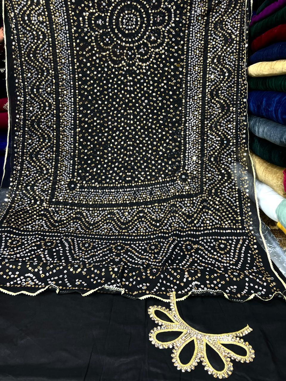 Chiffon Chundri Handwork Dupatta  With Plain Silk Suit  - 3 Pcs