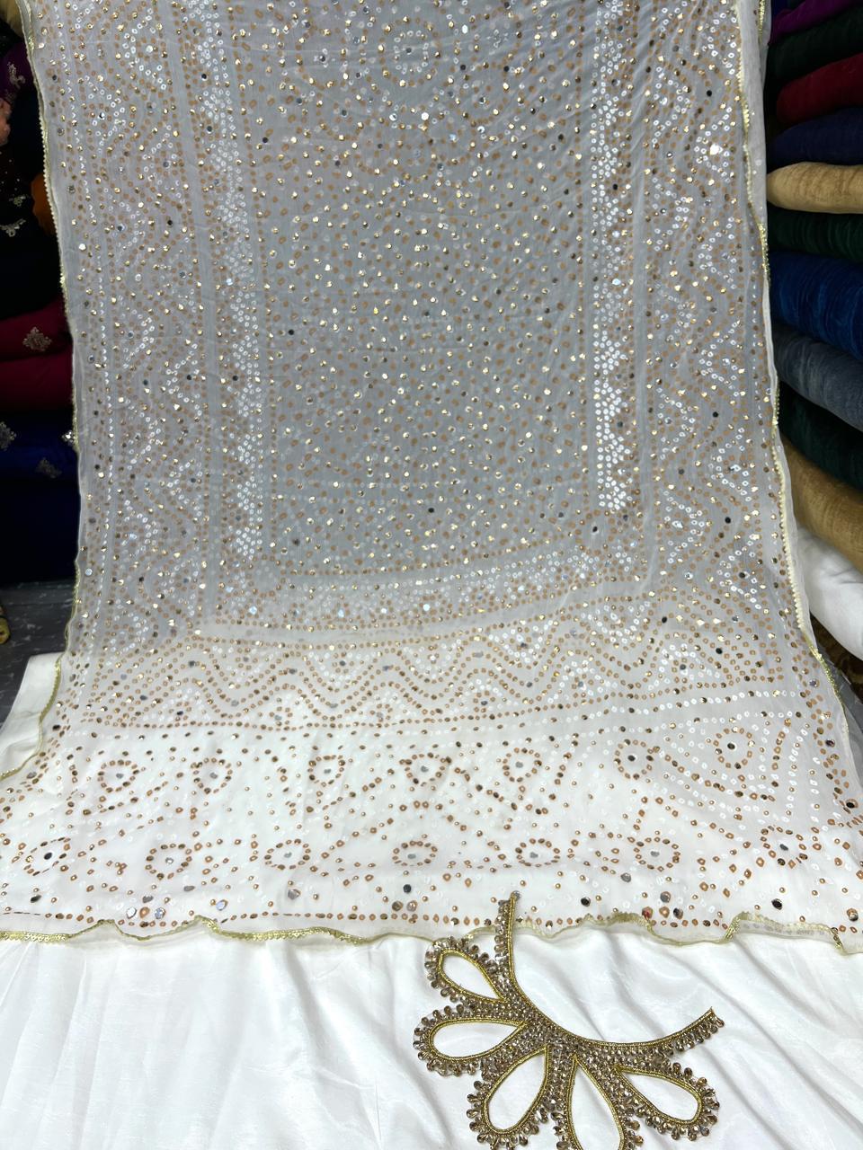 Chiffon Chundri Handwork Dupatta  With Plain Silk Suit  - 3 Pcs