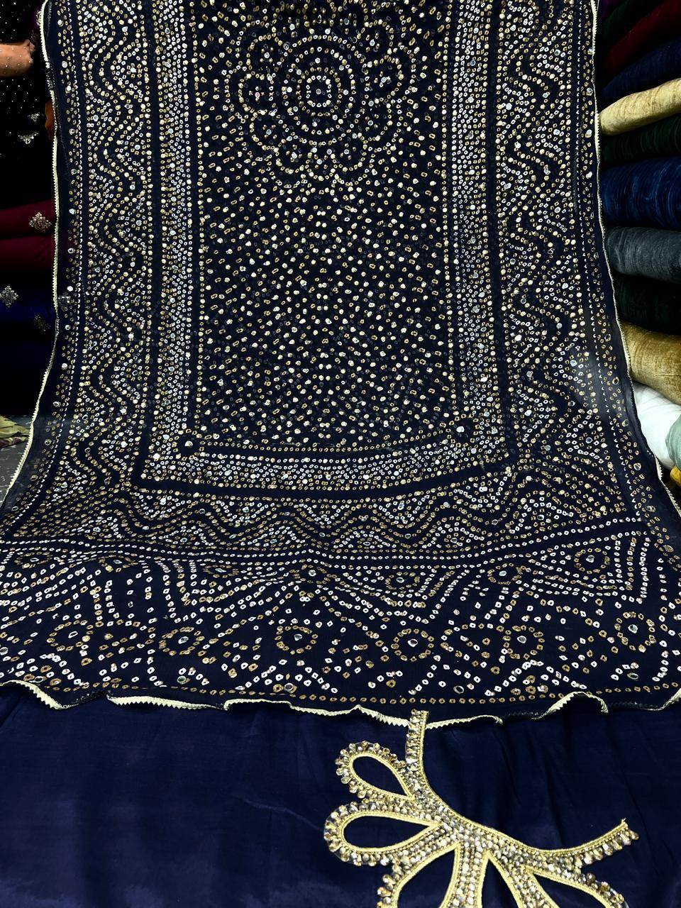 Chiffon Chundri Handwork Dupatta  With Plain Silk Suit  - 3 Pcs