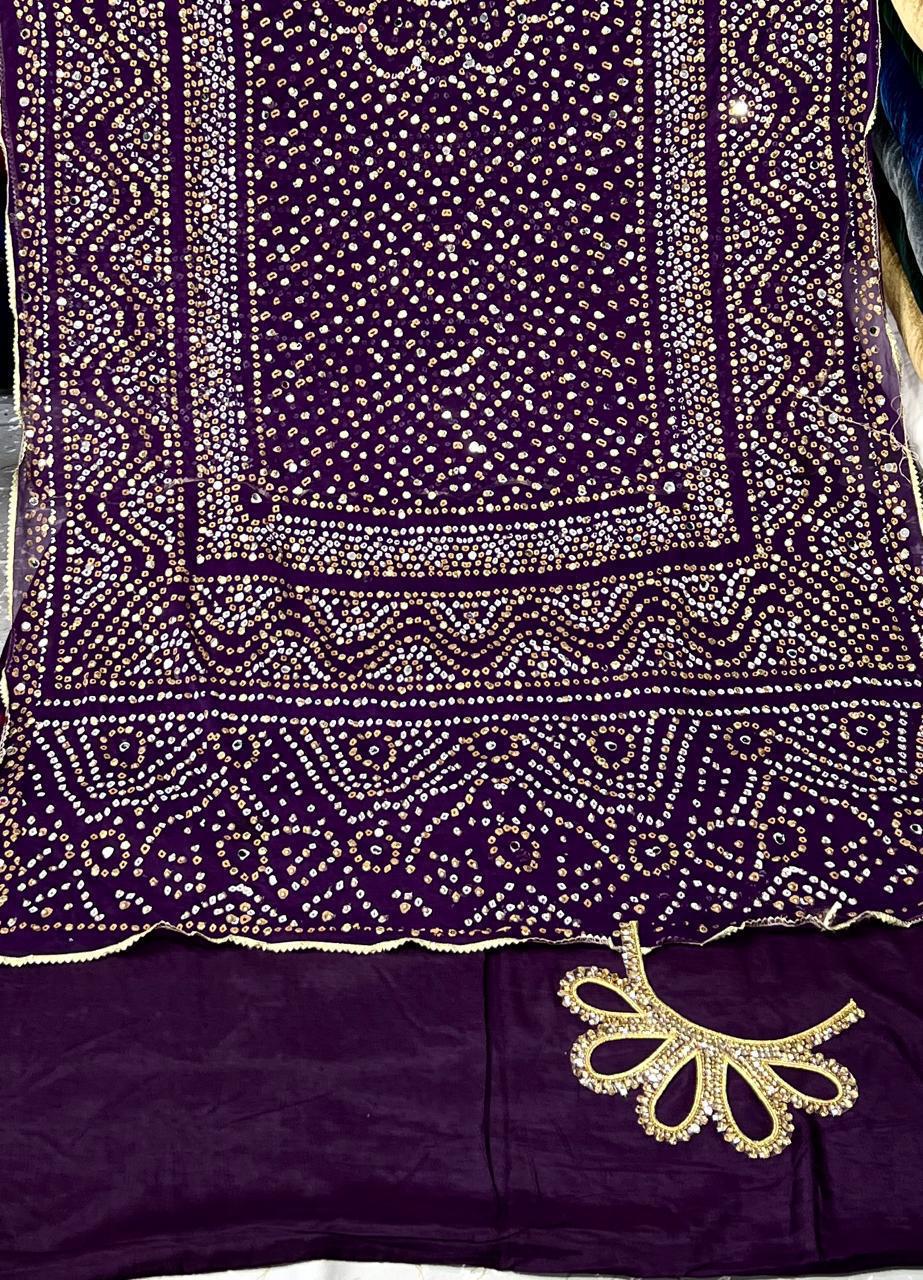 Chiffon Chundri Handwork Dupatta  With Plain Silk Suit  - 3 Pcs