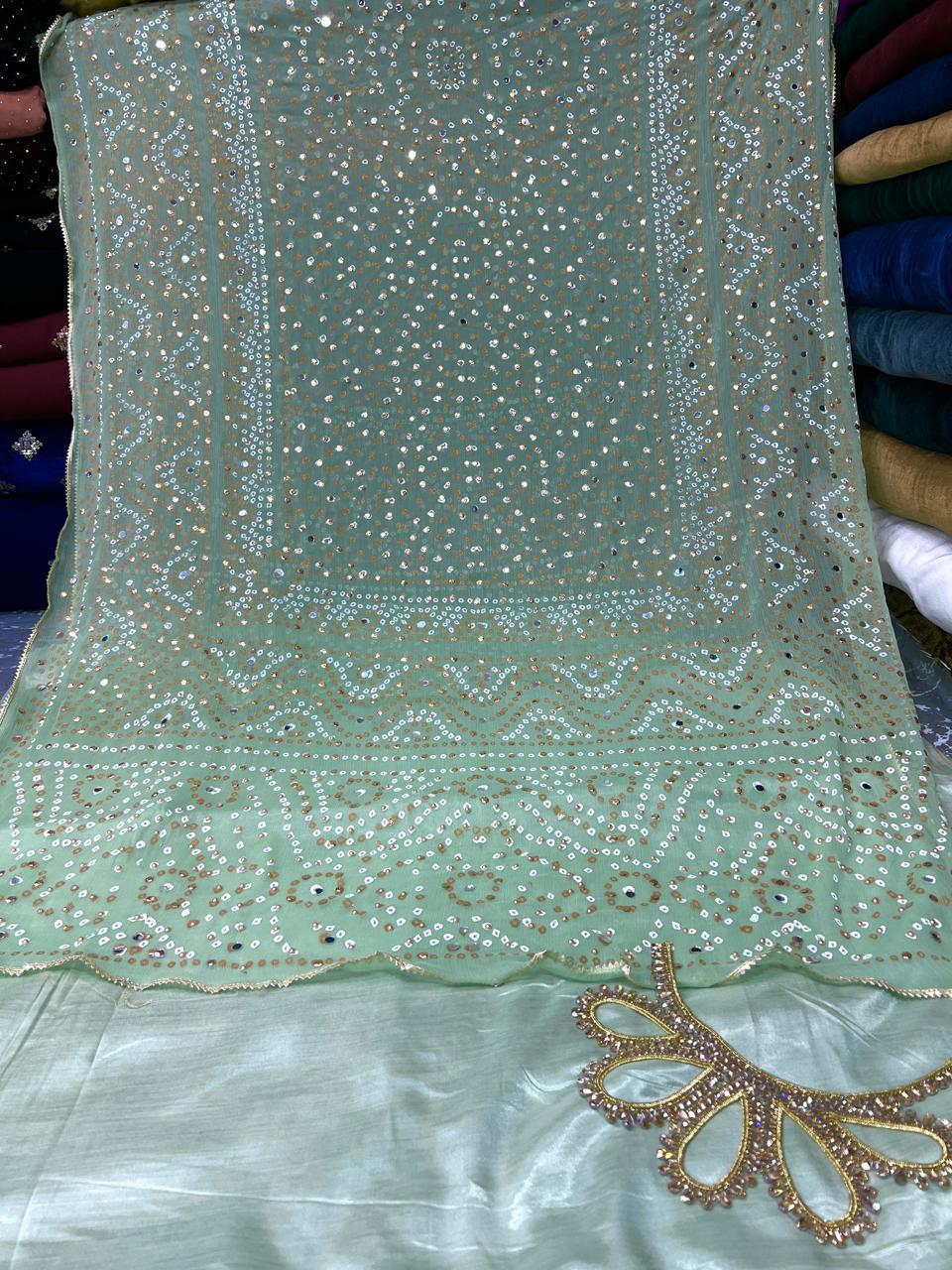 Chiffon Chundri Handwork Dupatta  With Plain Silk Suit  - 3 Pcs