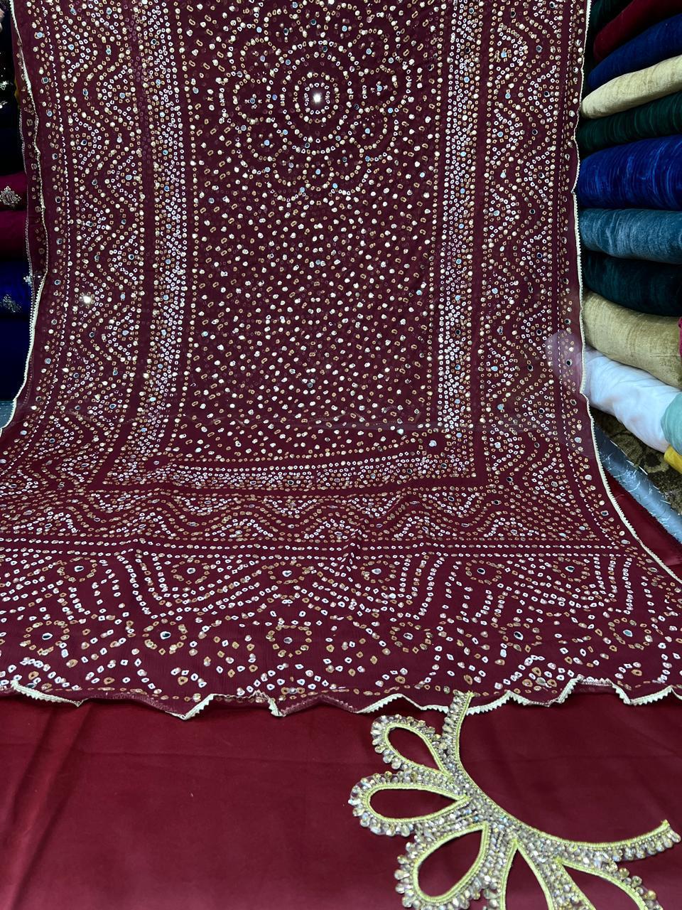 Chiffon Chundri Handwork Dupatta  With Plain Silk Suit  - 3 Pcs