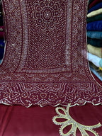 Chiffon Chundri Handwork Dupatta  With Plain Silk Suit  - 3 Pcs