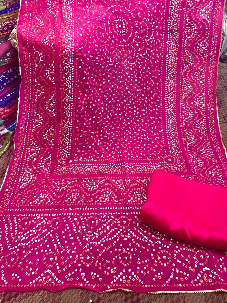 Chiffon Chundri Handwork Dupatta  With Plain Silk Suit  - 3 Pcs