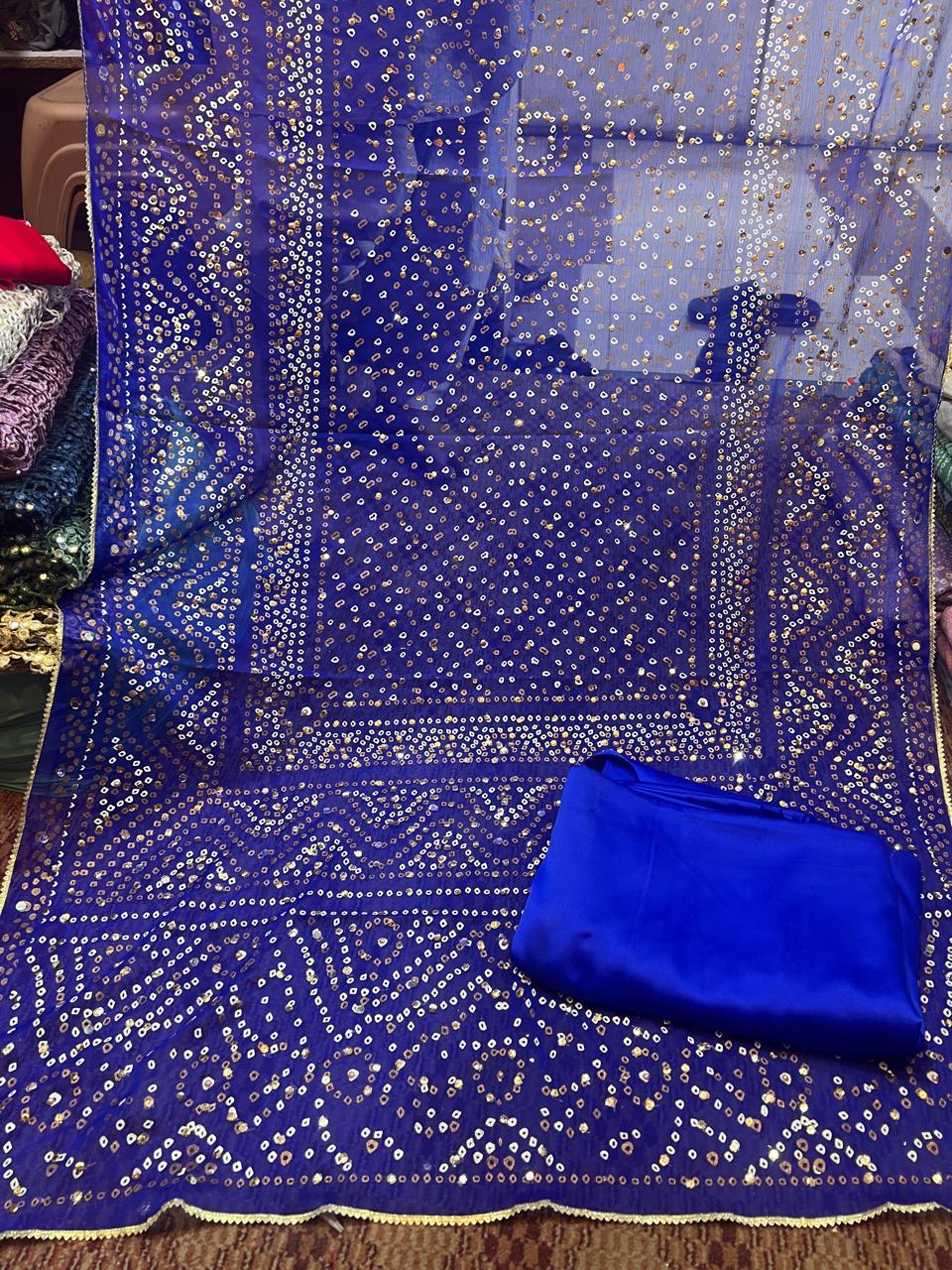 Chiffon Chundri Handwork Dupatta  With Plain Silk Suit  - 3 Pcs