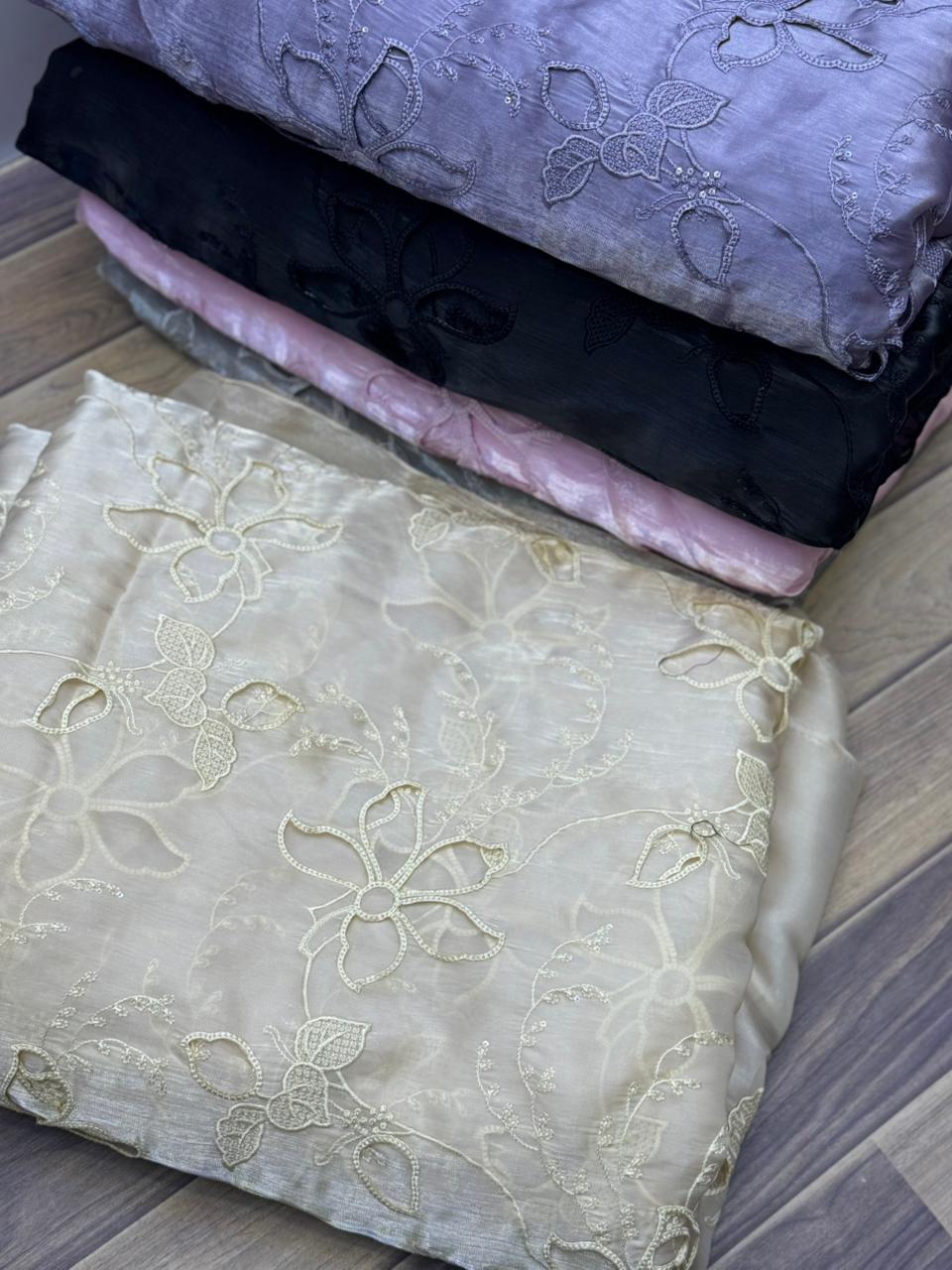 Korean Sheesha Silk Fabric Cutwork Embroided