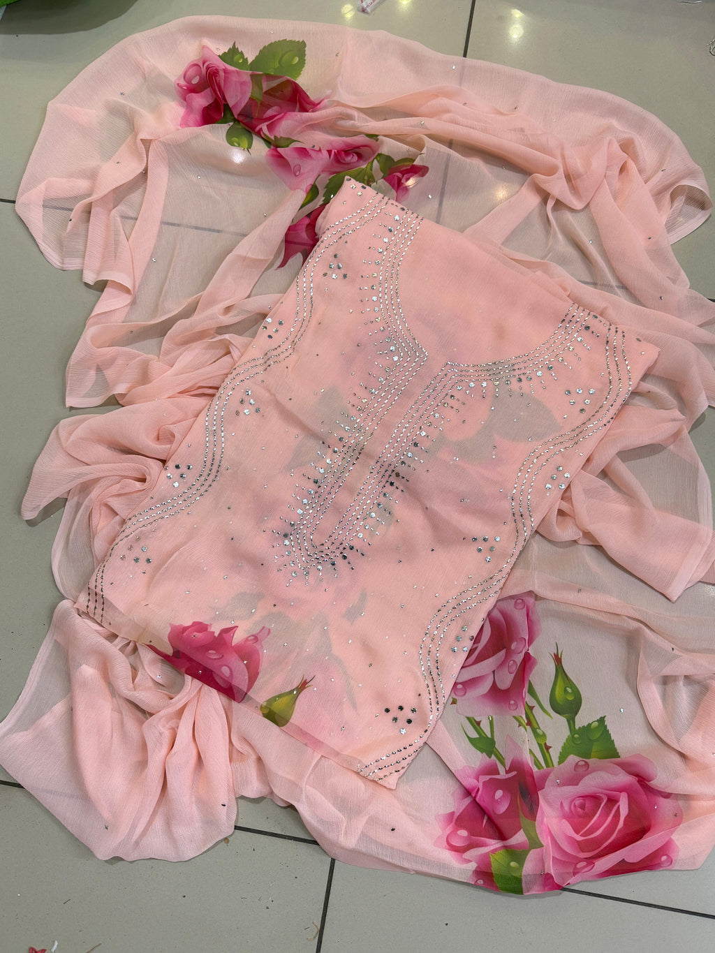 Soft Bhamber Chiffon Mukesh Work With Digital Floral Print Shirt  Dupatta 2 Pcs Dress