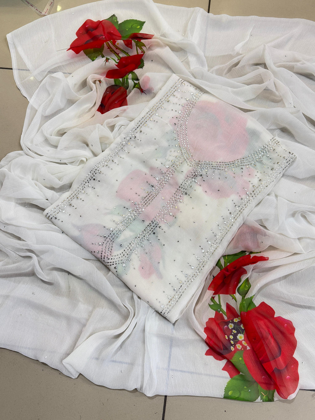 Soft Bhamber Chiffon Mukesh Work With Digital Floral Print Shirt  Dupatta 2 Pcs Dress