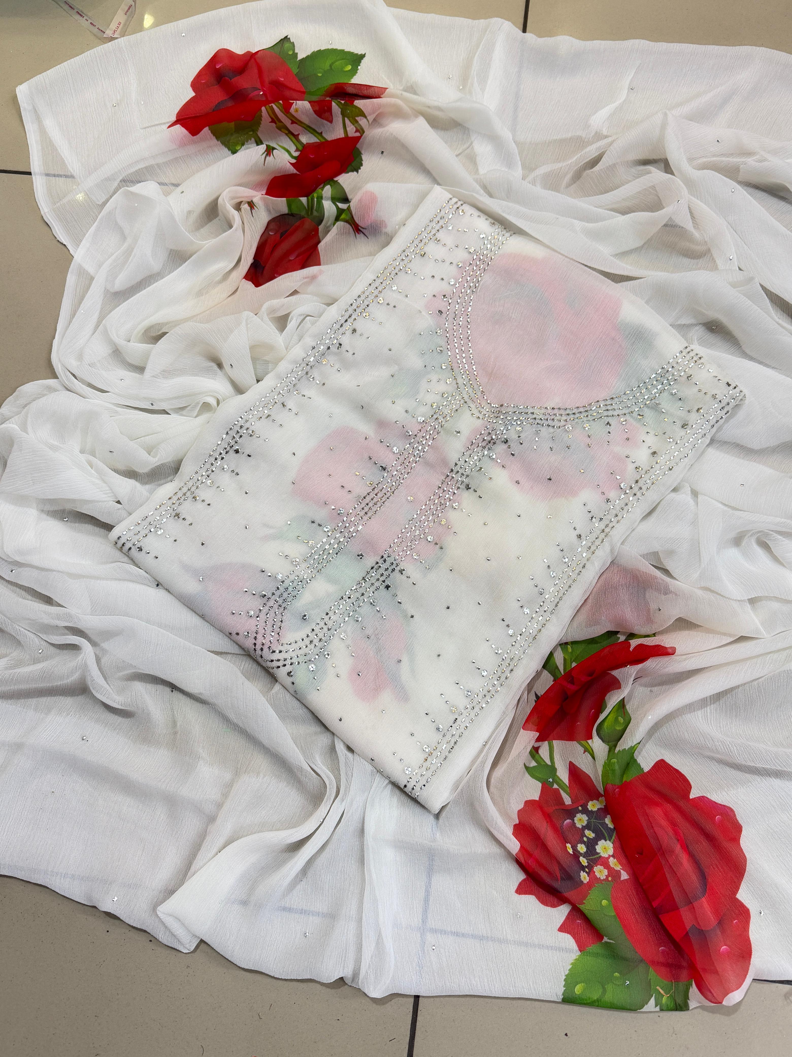 Soft Bhamber Chiffon Mukesh Work With Digital Floral Print Shirt  Dupatta 2 Pcs Dress