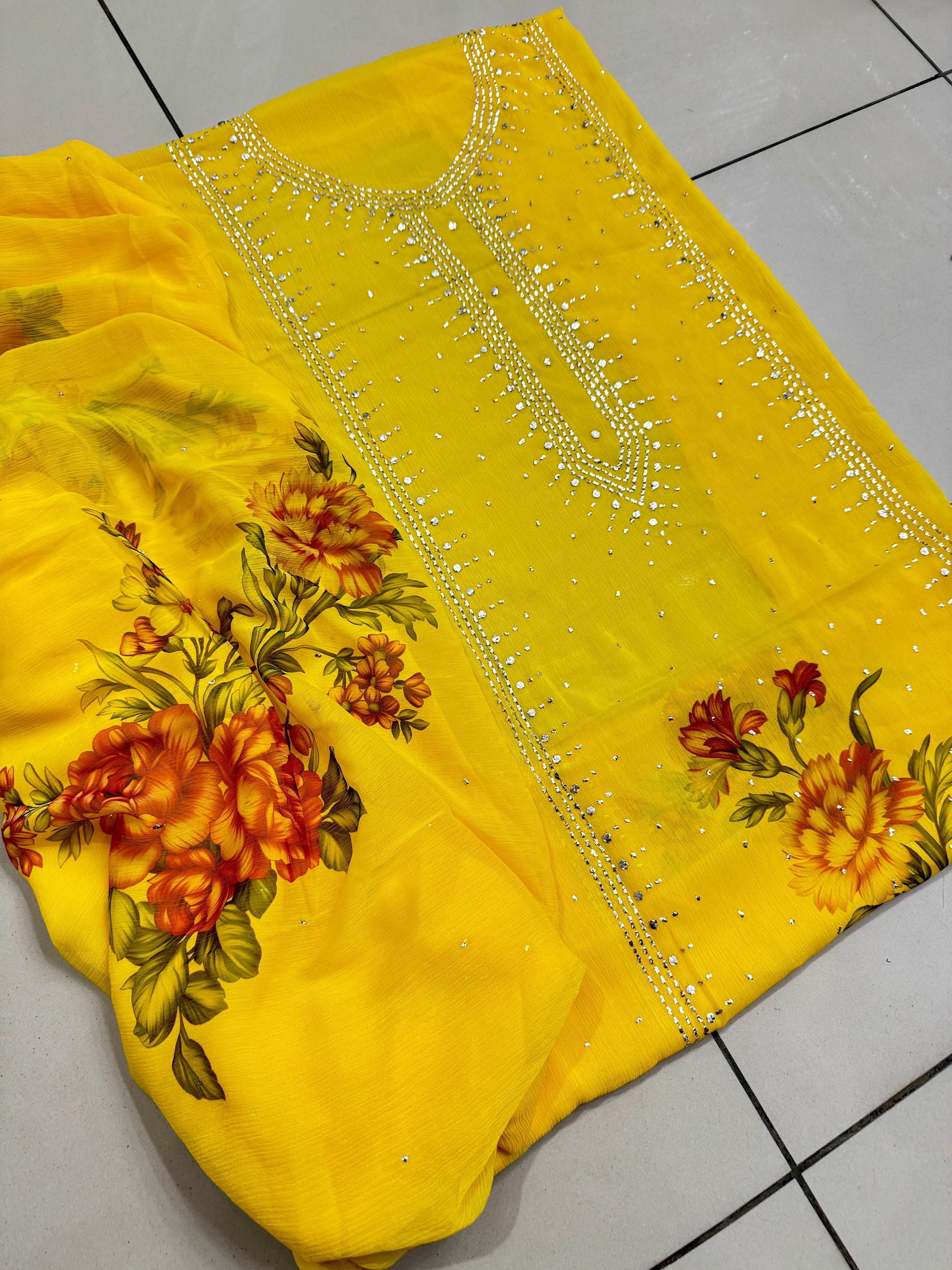 Soft Bhamber Chiffon Mukesh Work With Digital Floral Print Shirt  Dupatta 2 Pcs Dress