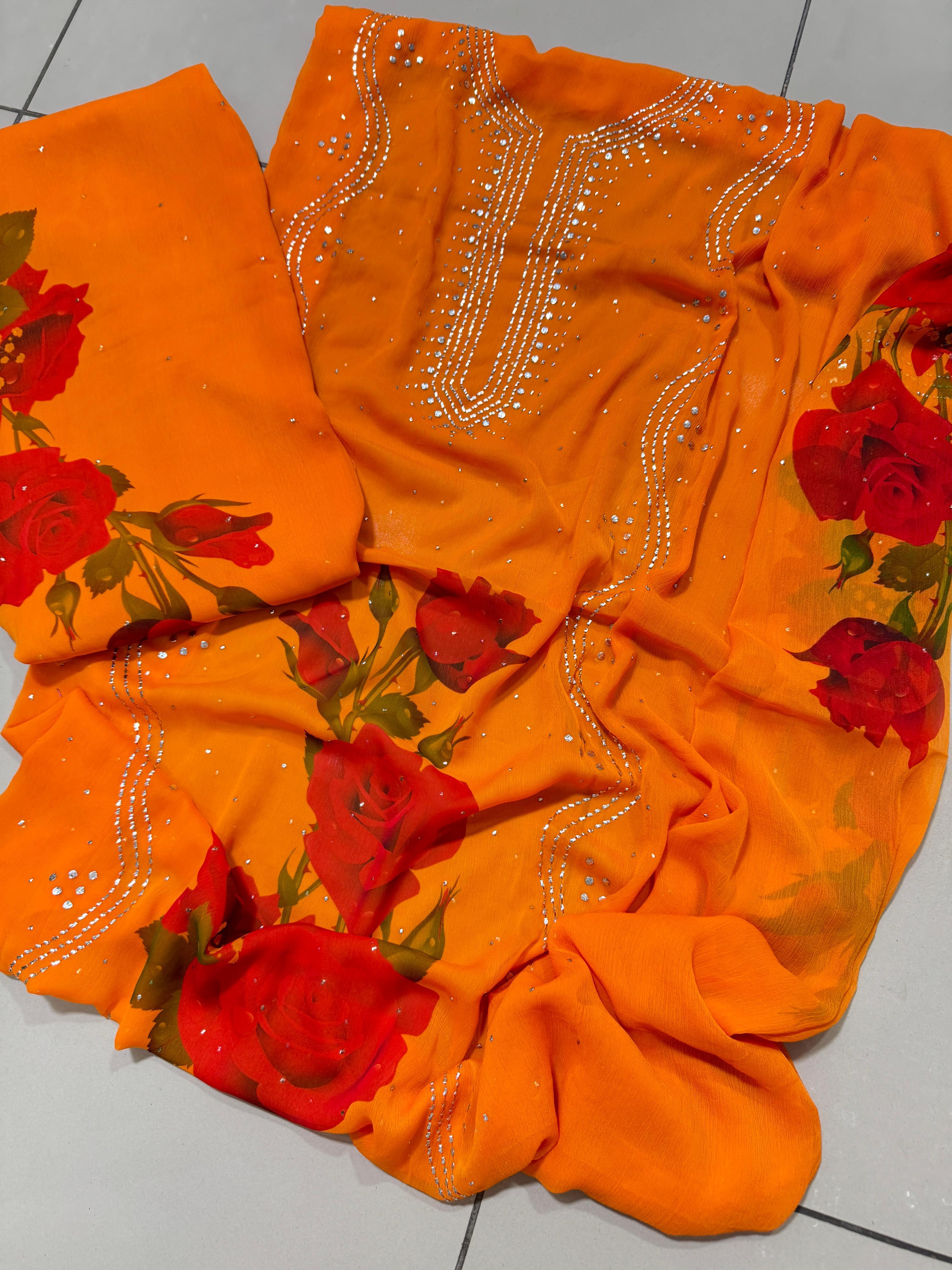 Soft Bhamber Chiffon Mukesh Work With Digital Floral Print Shirt  Dupatta 2 Pcs Dress