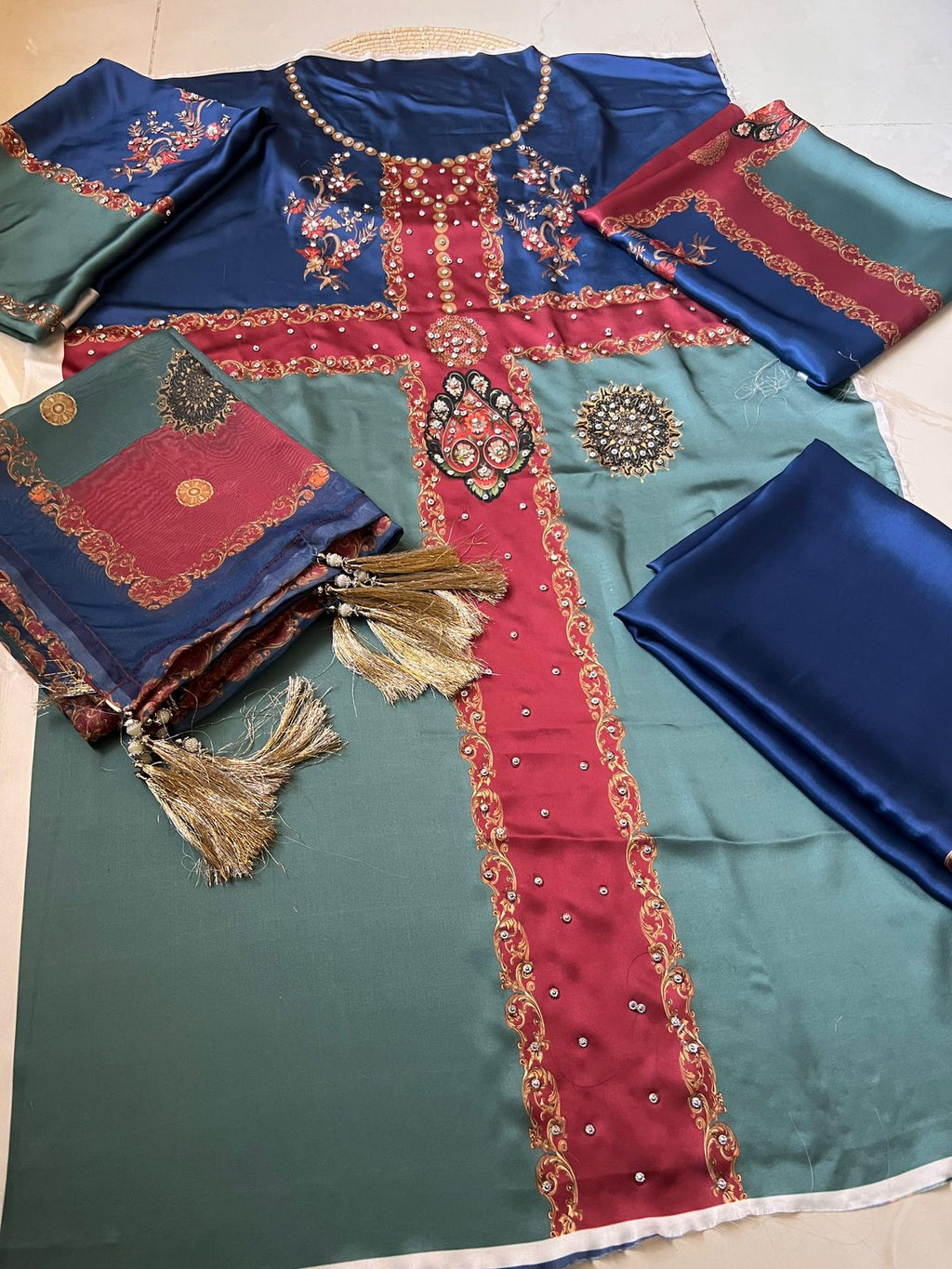 New Arrival Digital Print Silk Fabric With Mirror Stone Work