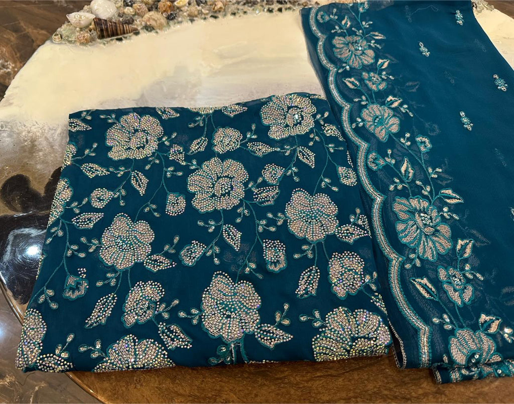 New Design Pure Chiffon Bareeze Fancy Embroidery With Crystal Stones & Embroidered Dupatta