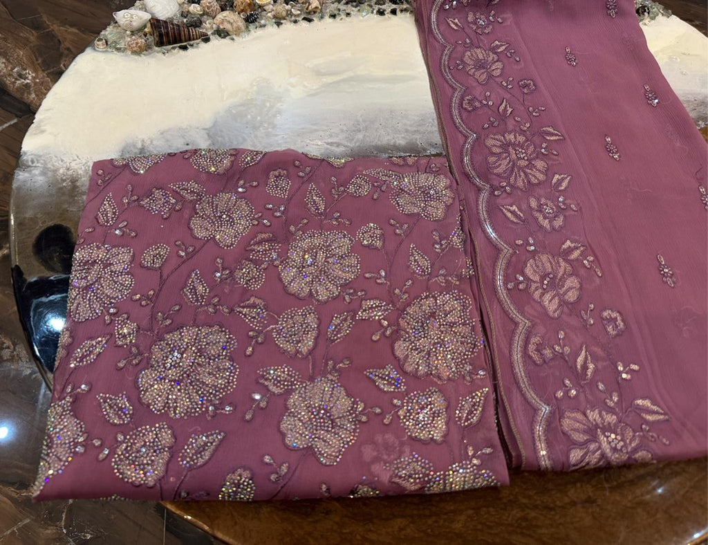 New Design Pure Chiffon Bareeze Fancy Embroidery With Crystal Stones & Embroidered Dupatta