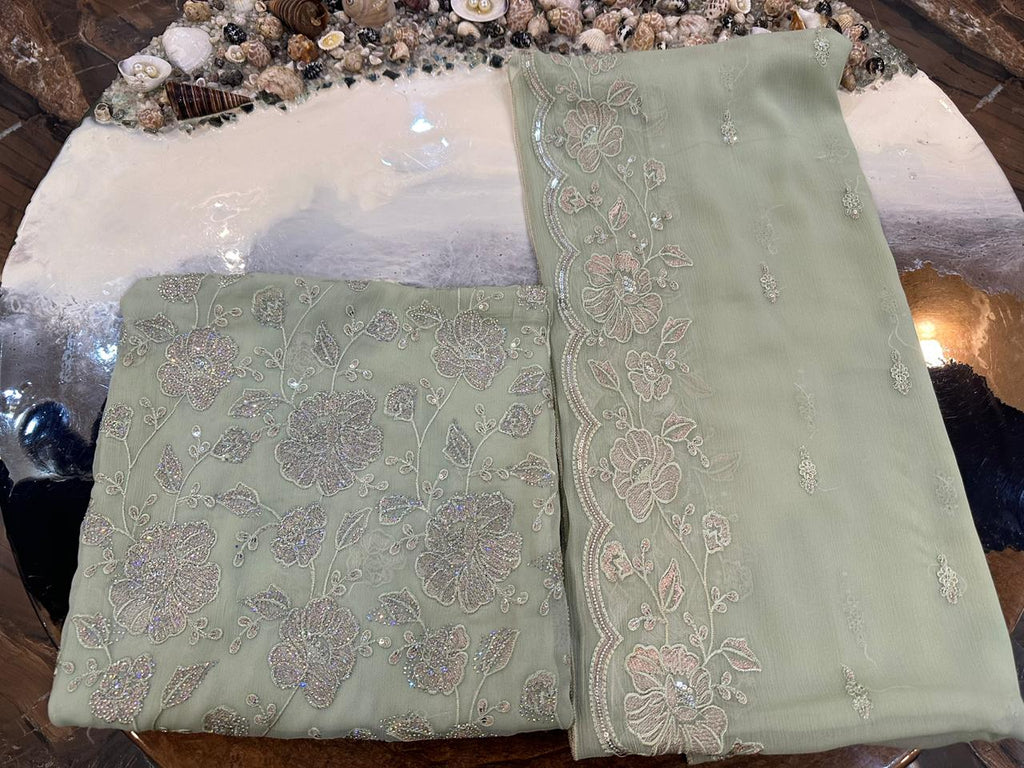 New Design Pure Chiffon Bareeze Fancy Embroidery With Crystal Stones & Embroidered Dupatta