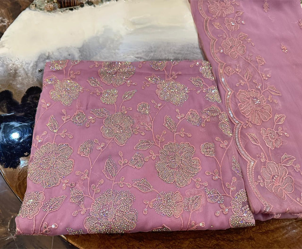 New Design Pure Chiffon Bareeze Fancy Embroidery With Crystal Stones & Embroidered Dupatta