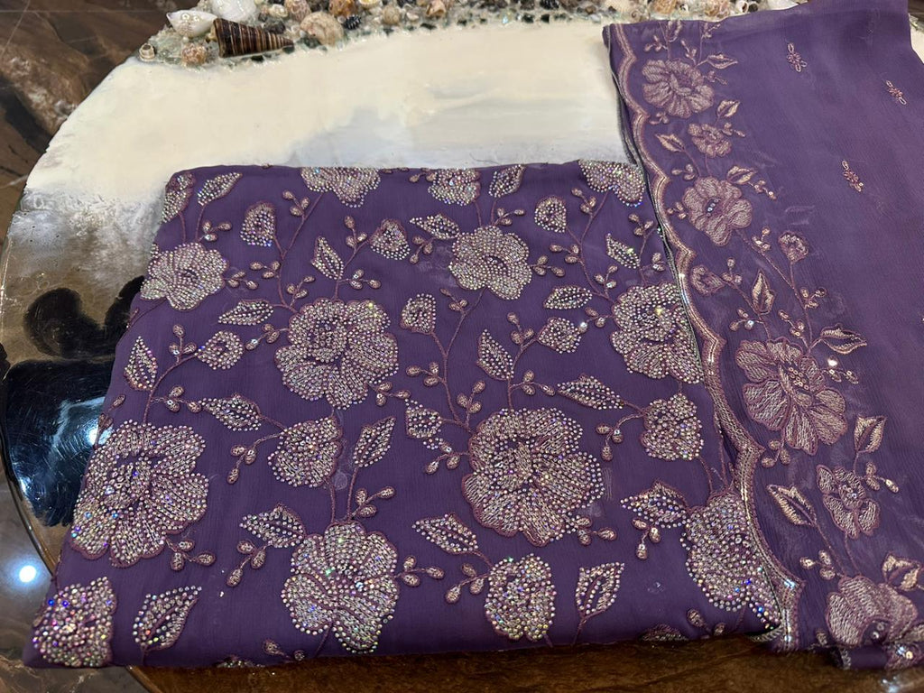 New Design Pure Chiffon Bareeze Fancy Embroidery With Crystal Stones & Embroidered Dupatta