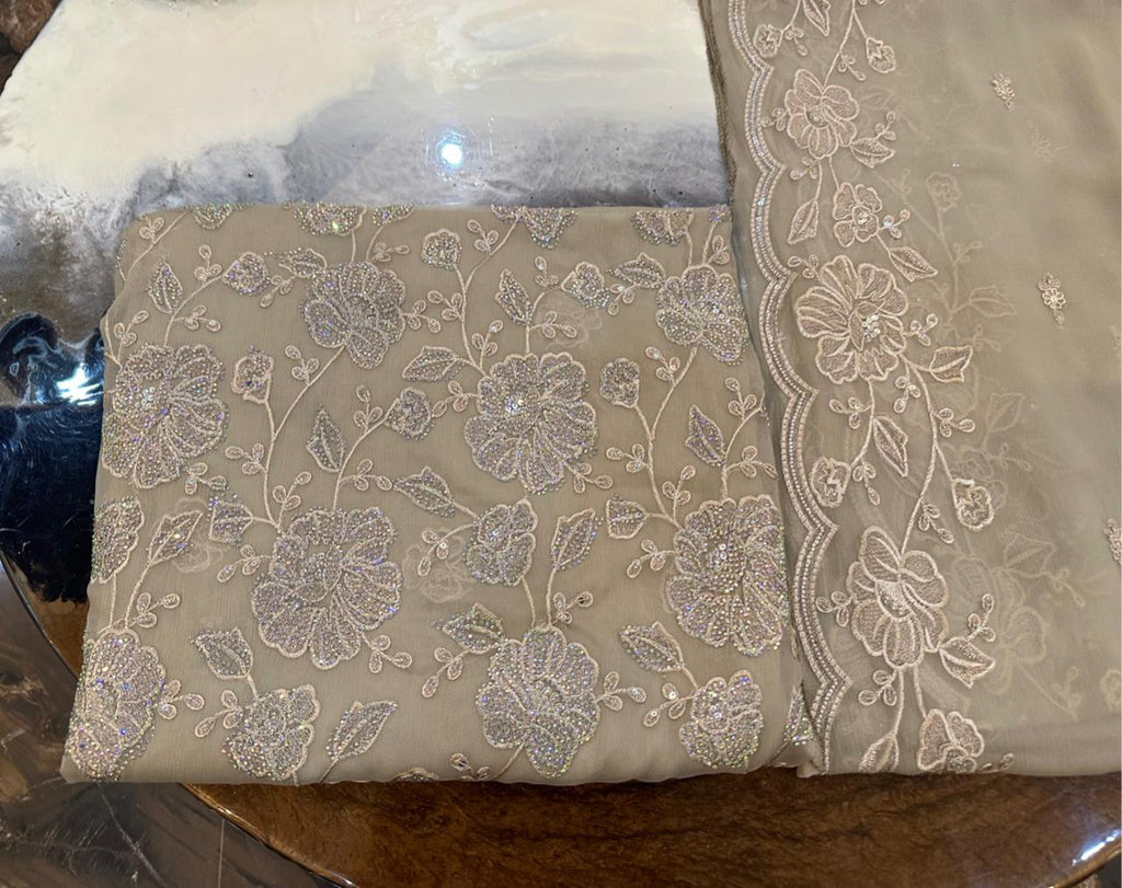 New Design Pure Chiffon Bareeze Fancy Embroidery With Crystal Stones & Embroidered Dupatta