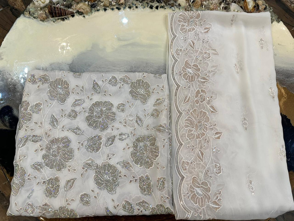 New Design Pure Chiffon Bareeze Fancy Embroidery With Crystal Stones & Embroidered Dupatta