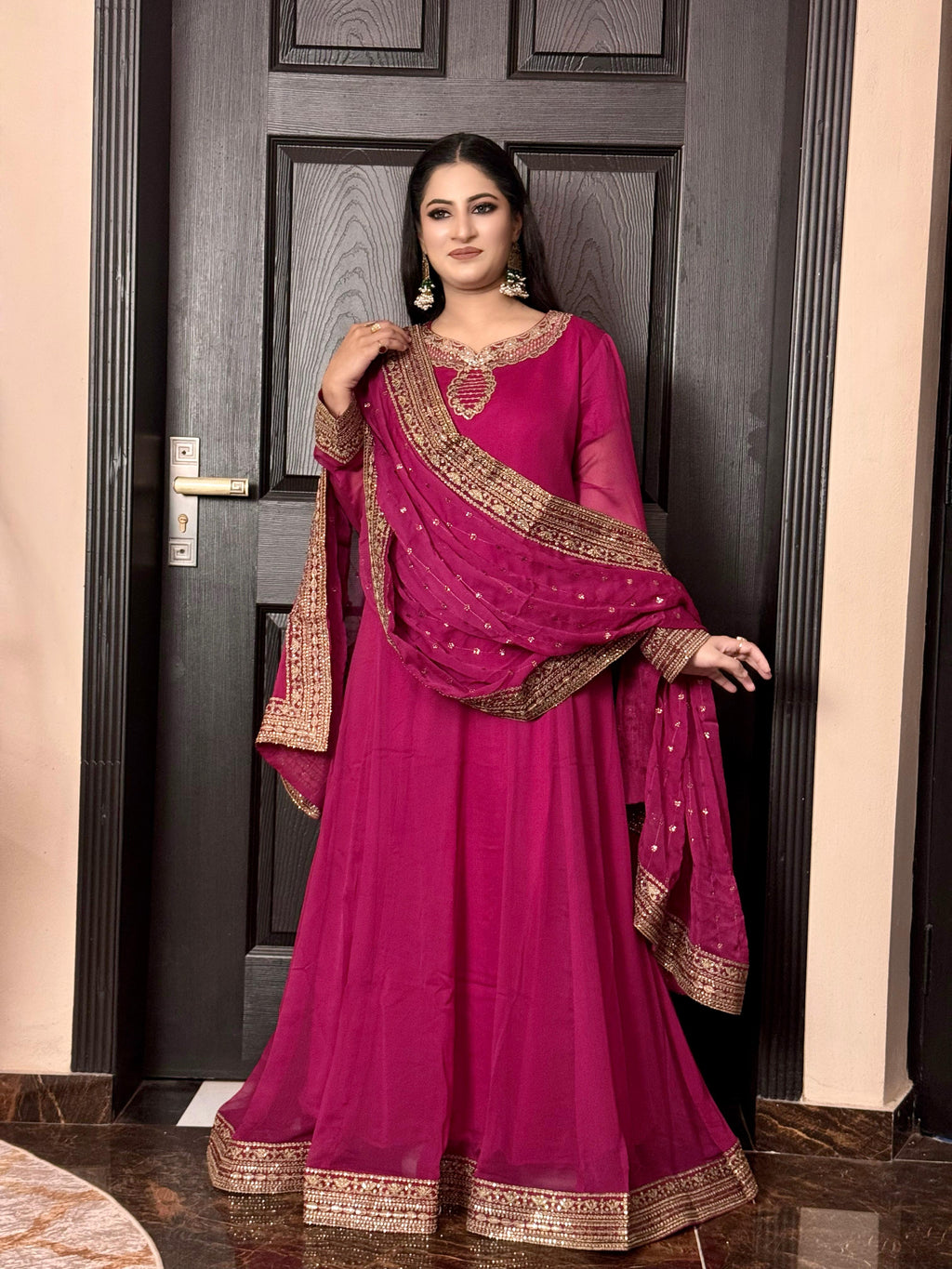 New Arrival  Chiffon Embroidered Flairy Maxi With  Embroidered Chiffon Dupta & Silk Trouser