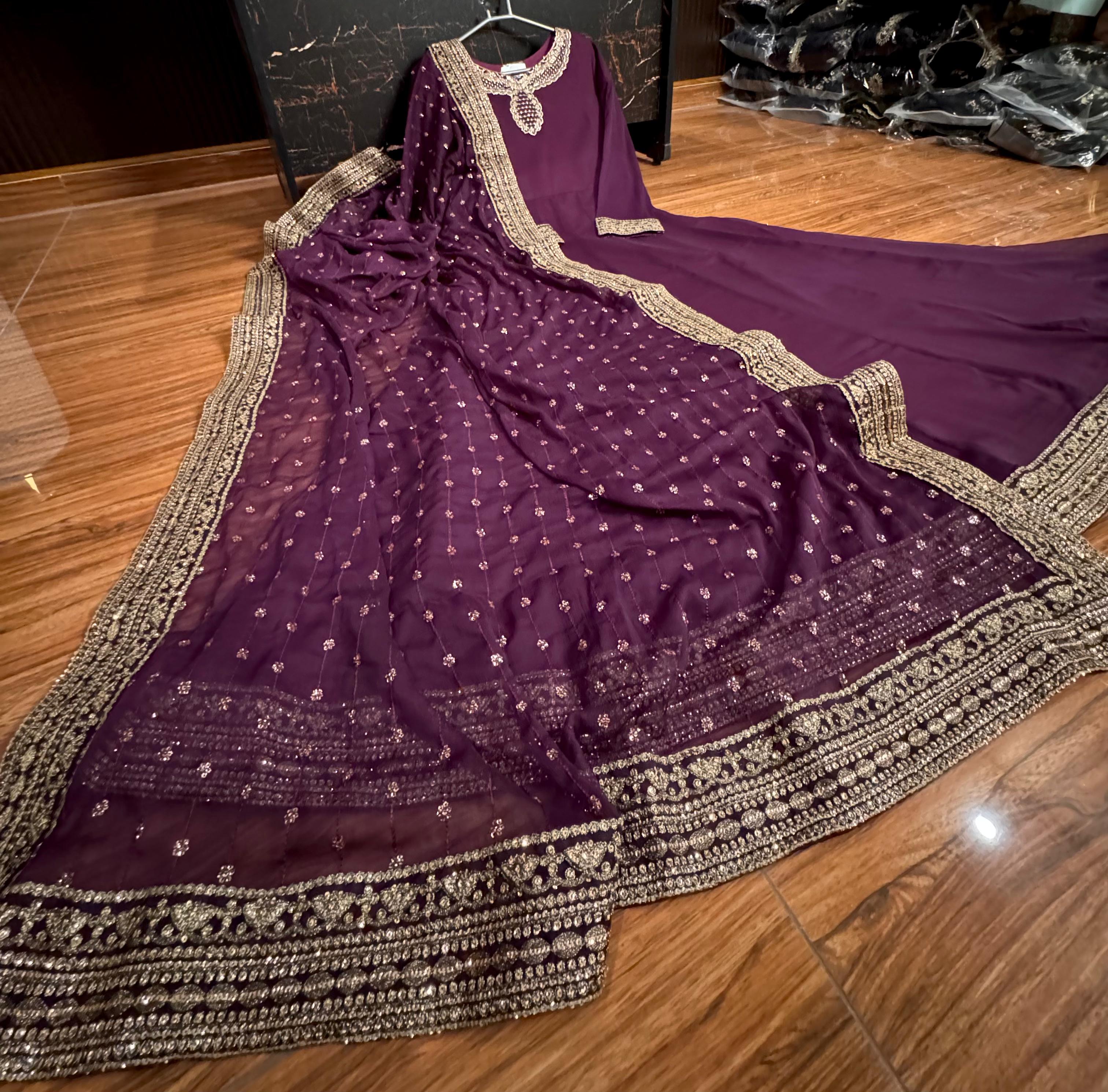 New Arrival  Chiffon Embroidered Flairy Maxi With  Embroidered Chiffon Dupta & Silk Trouser