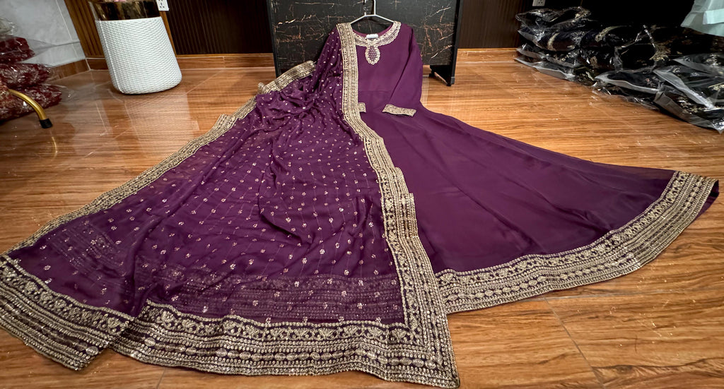 New Arrival  Chiffon Embroidered Flairy Maxi With  Embroidered Chiffon Dupta & Silk Trouser