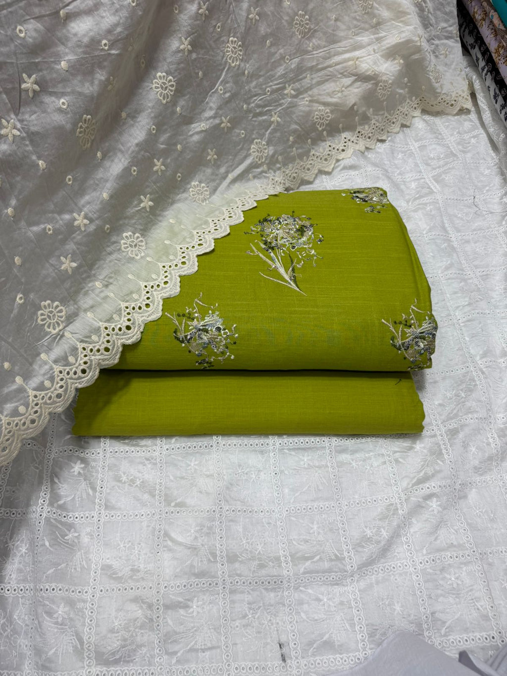 3 Pcs Embroidered Irish Cotton Shirt & Cotton Trouser With Lawn Duppata