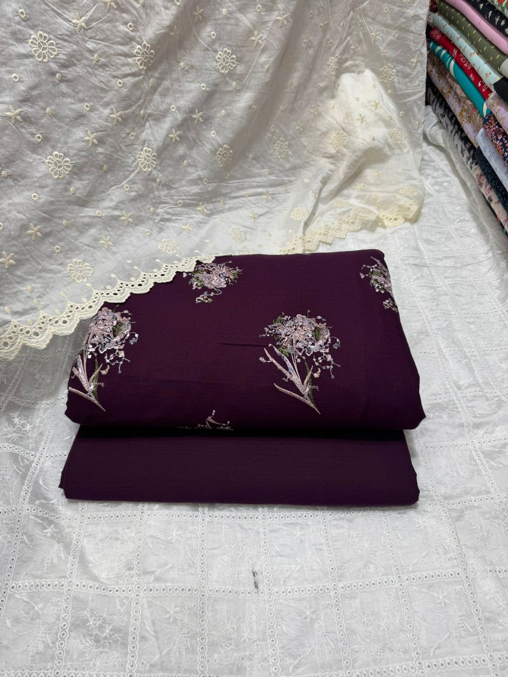 3 Pcs Embroidered Irish Cotton Shirt & Cotton Trouser With Lawn Duppata