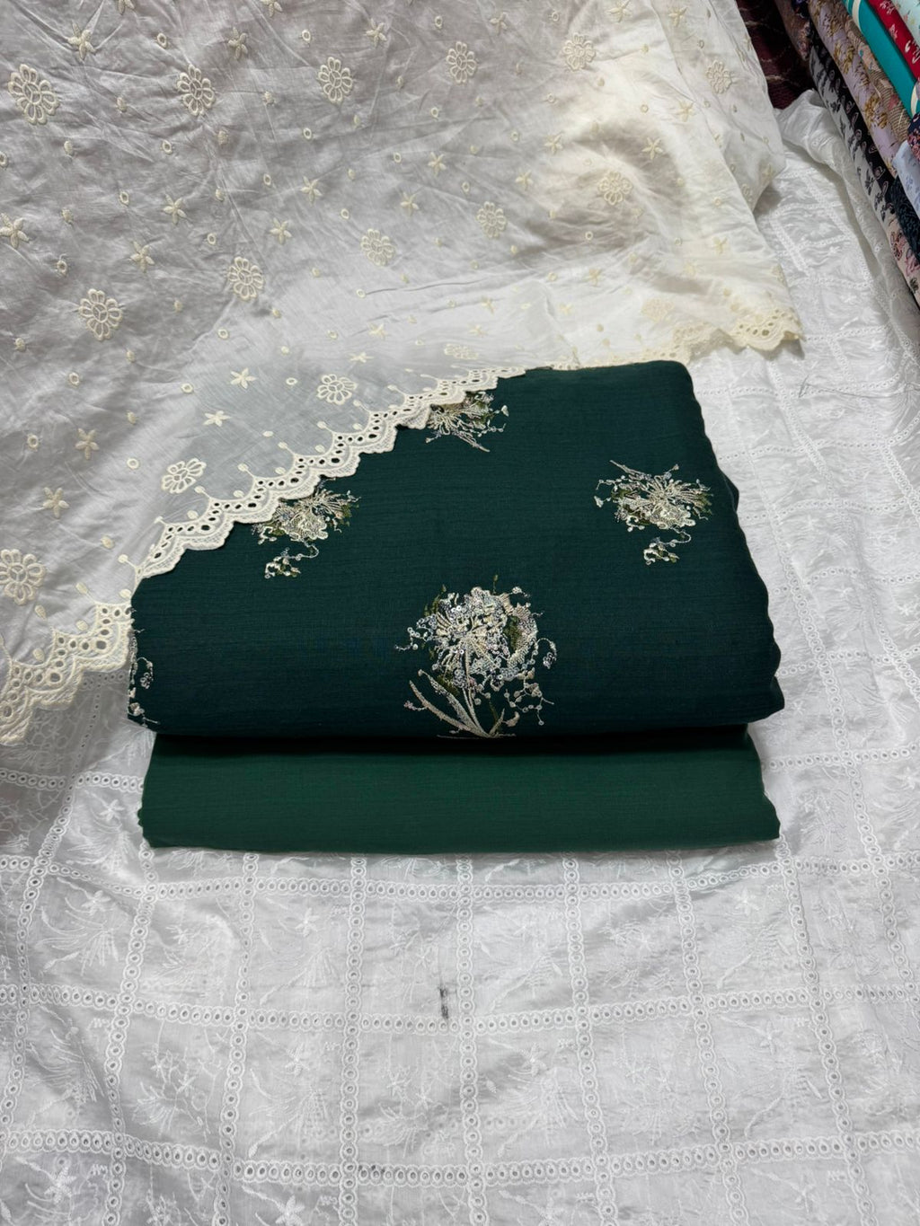 3 Pcs Embroidered Irish Cotton Shirt & Cotton Trouser With Lawn Duppata