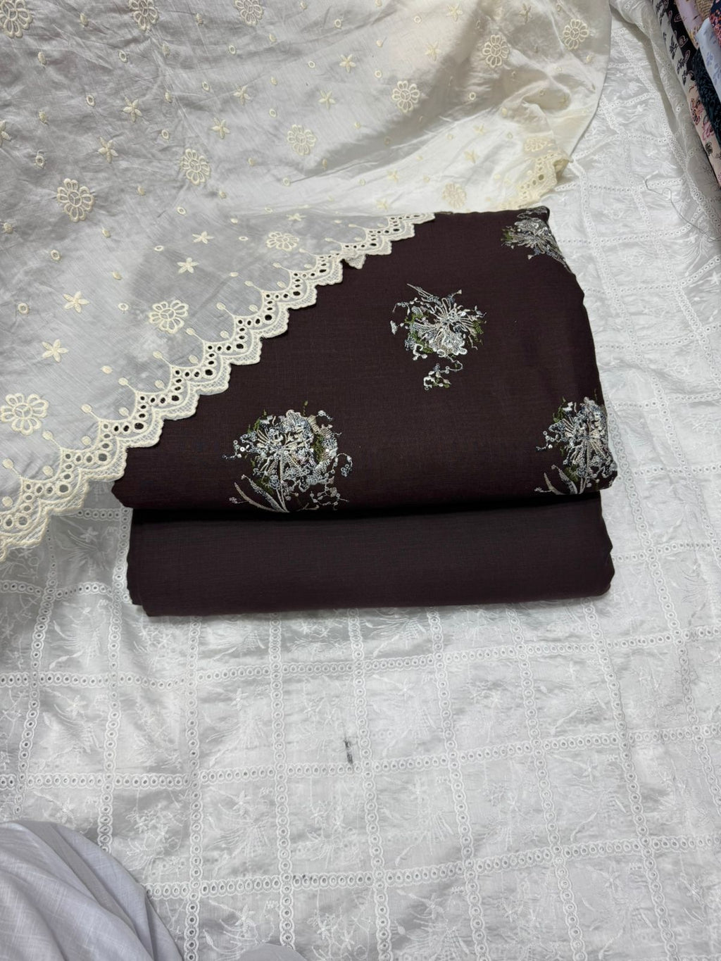 3 Pcs Embroidered Irish Cotton Shirt & Cotton Trouser With Lawn Duppata