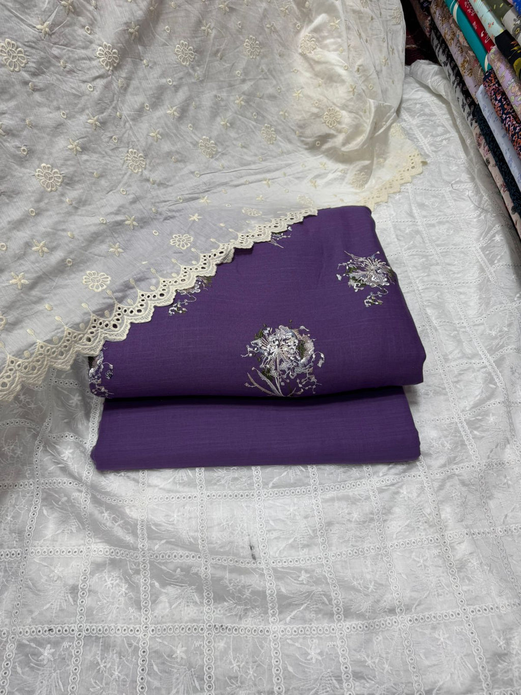 3 Pcs Embroidered Irish Cotton Shirt & Cotton Trouser With Lawn Duppata