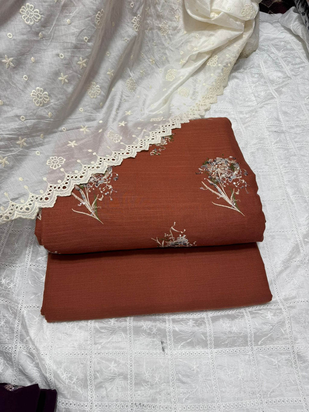 3 Pcs Embroidered Irish Cotton Shirt & Cotton Trouser With Lawn Duppata