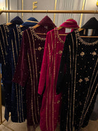 9K Microvelvet  Heavy Handwork Kora Dabka Work  With Chiffon Dopatta & Silk Trouser