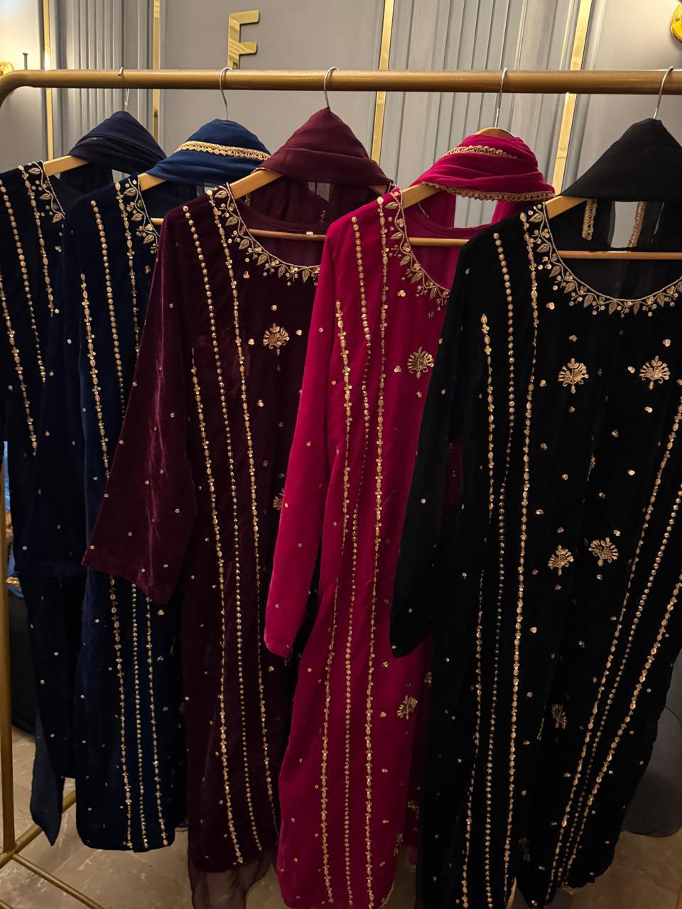 9K Microvelvet  Heavy Handwork Kora Dabka Work  With Chiffon Dopatta & Silk Trouser