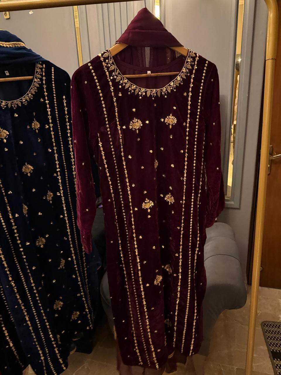 9K Microvelvet  Heavy Handwork Kora Dabka Work  With Chiffon Dopatta & Silk Trouser