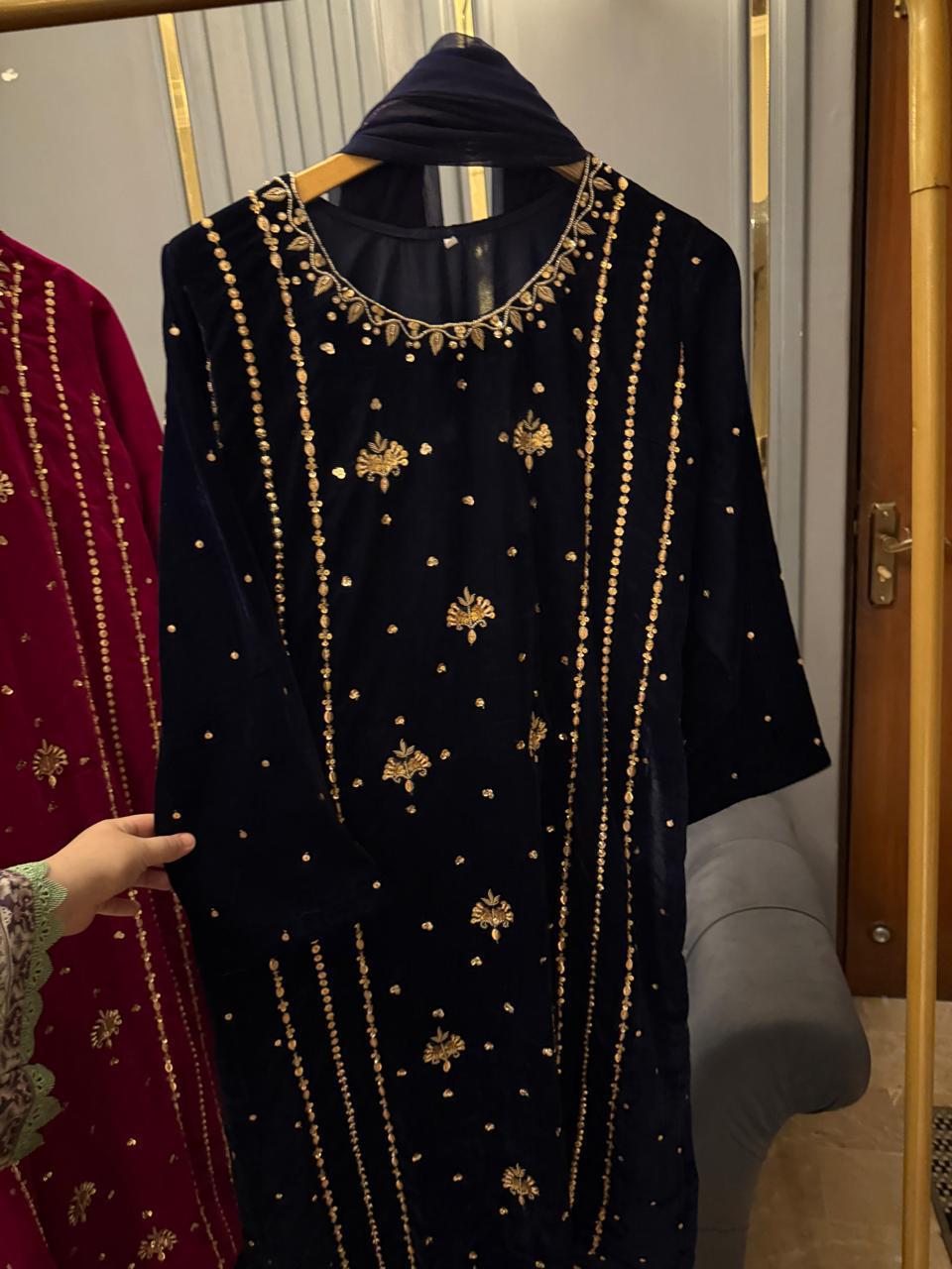 9K Microvelvet  Heavy Handwork Kora Dabka Work  With Chiffon Dopatta & Silk Trouser