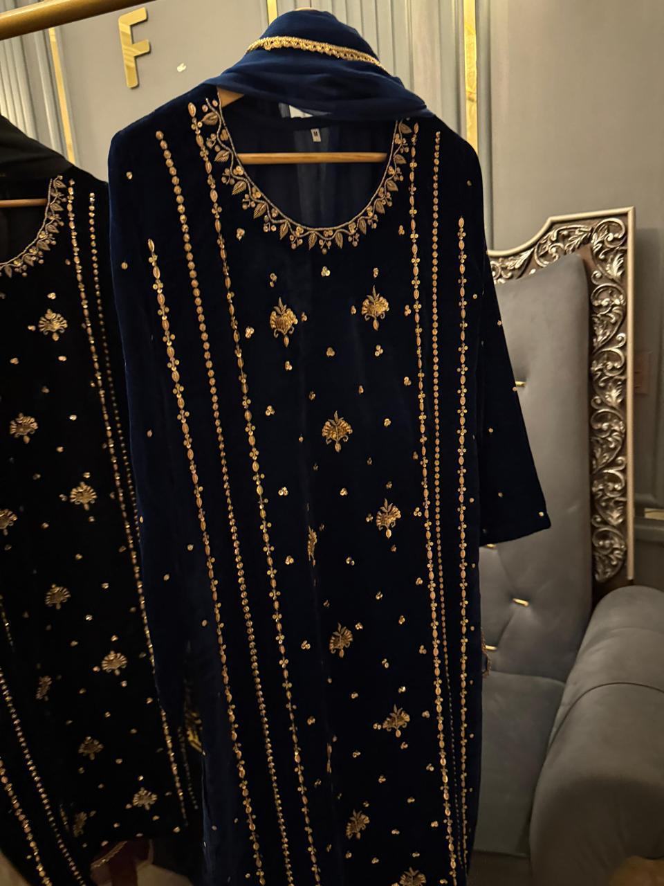 9K Microvelvet  Heavy Handwork Kora Dabka Work  With Chiffon Dopatta & Silk Trouser