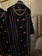 9K Microvelvet  Heavy Handwork Kora Dabka Work  With Chiffon Dopatta & Silk Trouser