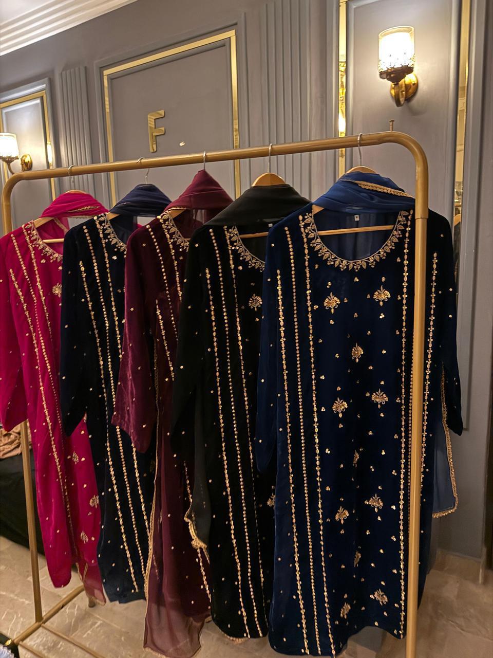 9K Microvelvet  Heavy Handwork Kora Dabka Work  With Chiffon Dopatta & Silk Trouser