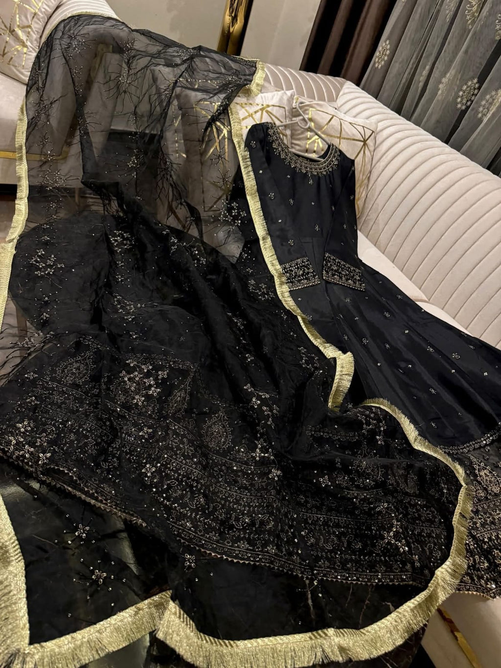 3 Pcs Full Flairy Sequence & Thread Work Rawsilk Mexi  Embroidered Organza Dupta & Silk Trouser