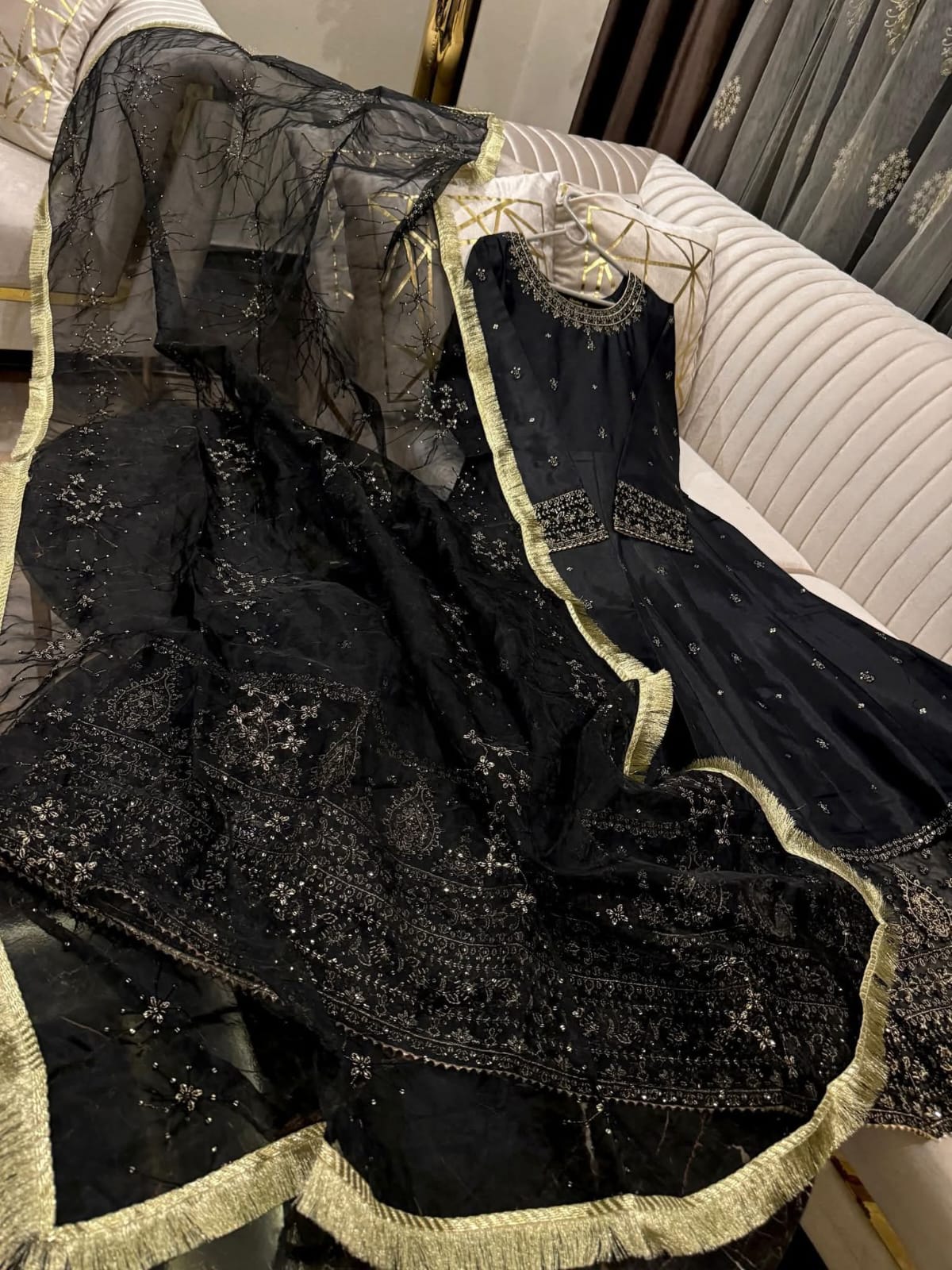 3 Pcs Full Flairy Sequence & Thread Work Rawsilk Mexi  Embroidered Organza Dupta & Silk Trouser