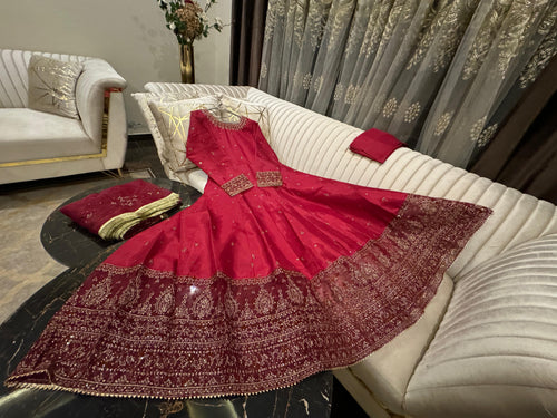 3 Pcs Full Flairy Sequence & Thread Work Rawsilk Mexi  Embroidered Organza Dupta & Silk Trouser