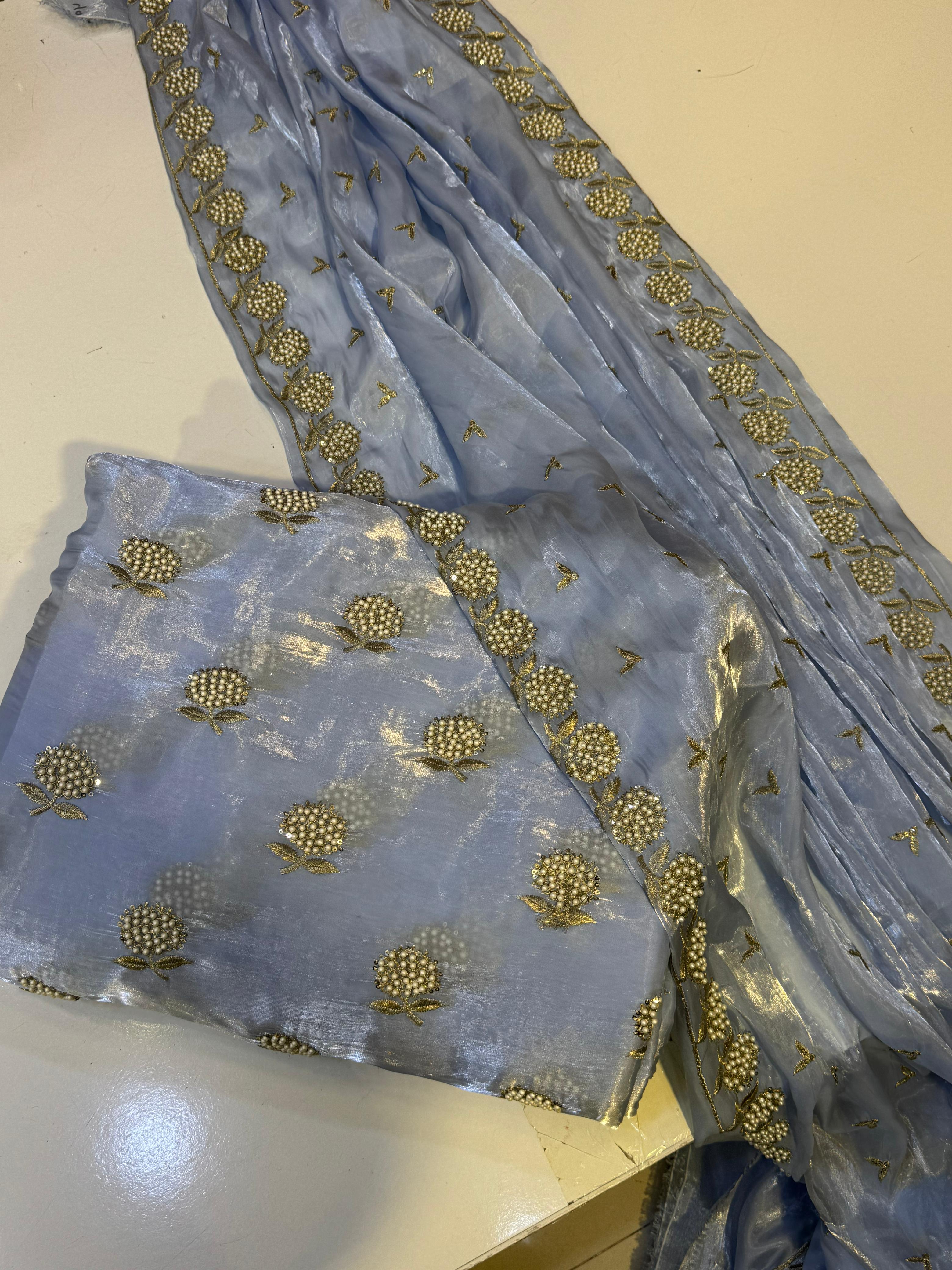 Nee Pearl design shesha silk beats work 2.5 Dupta Long length mixed match 2 yards Plan Trouser