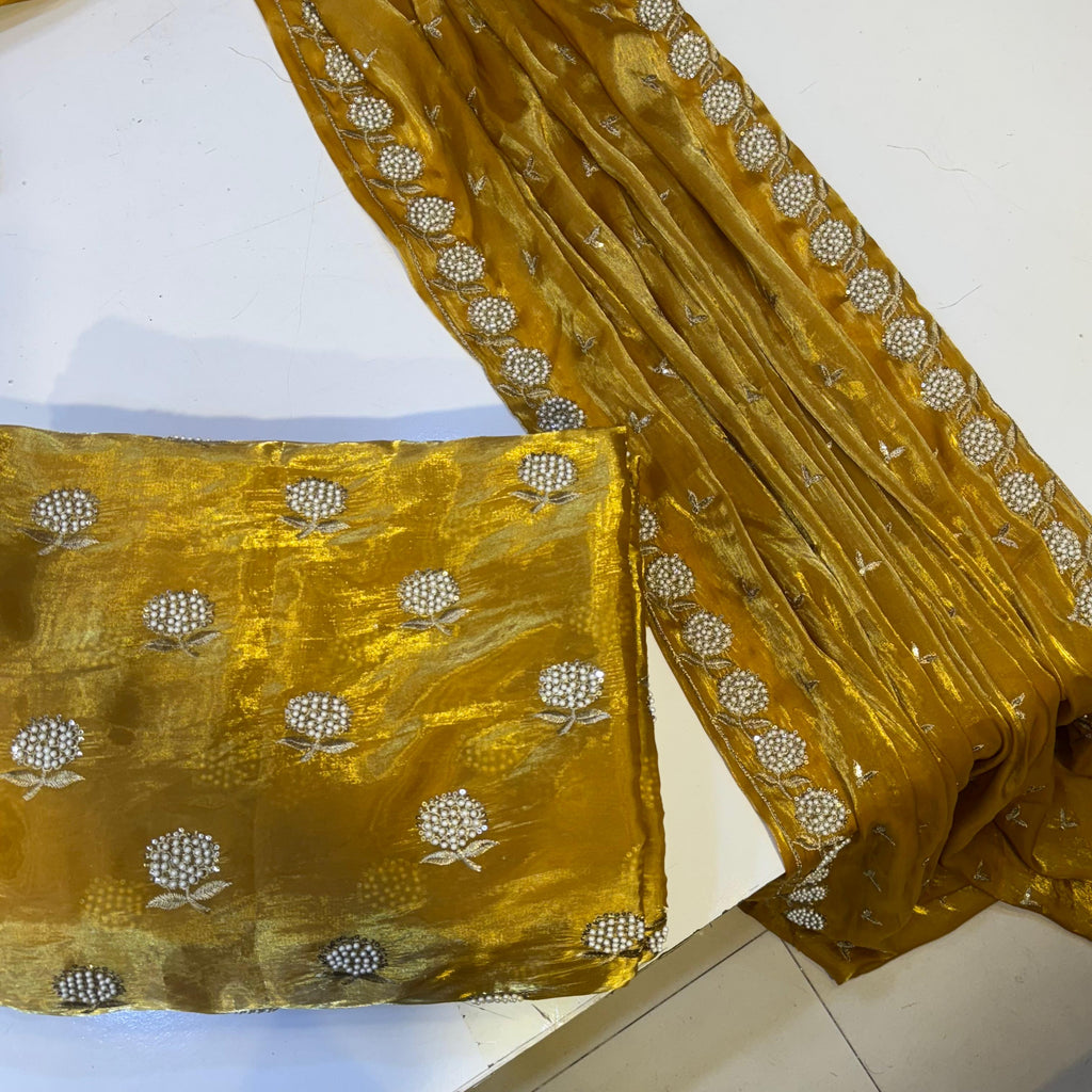 Nee Pearl design shesha silk beats work 2.5 Dupta Long length mixed match 2 yards Plan Trouser