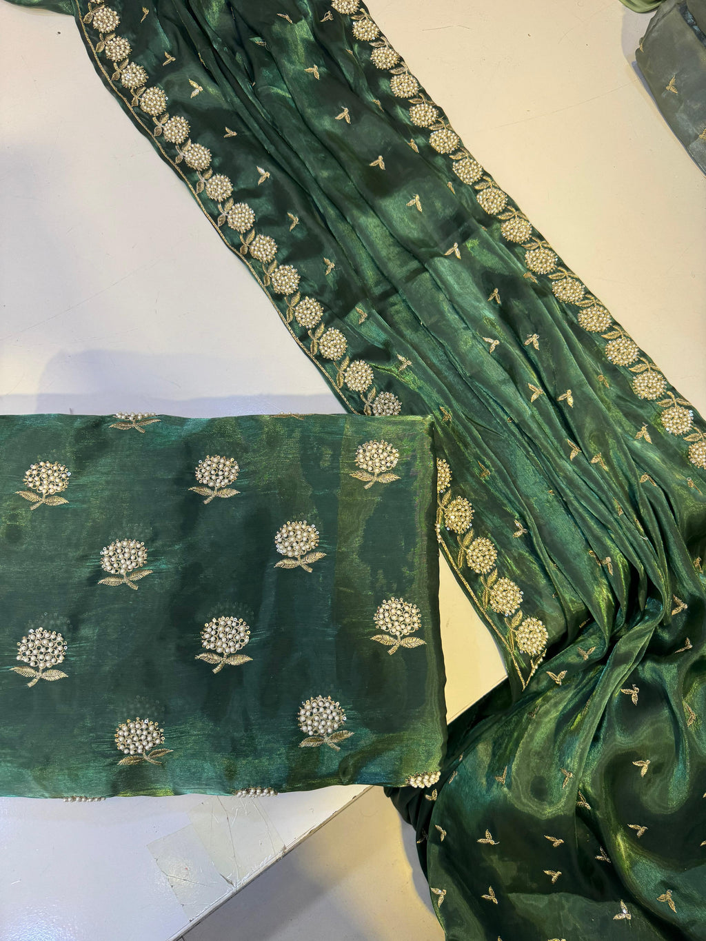 Nee Pearl design shesha silk beats work 2.5 Dupta Long length mixed match 2 yards Plan Trouser