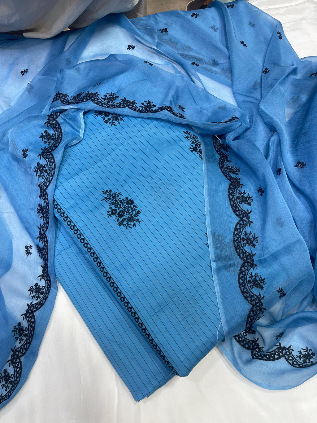 3 Pc Suit Pure Tana Dora Lawn Shirt Full Embroidered With Double Side Cutwork Style Border Dupatta