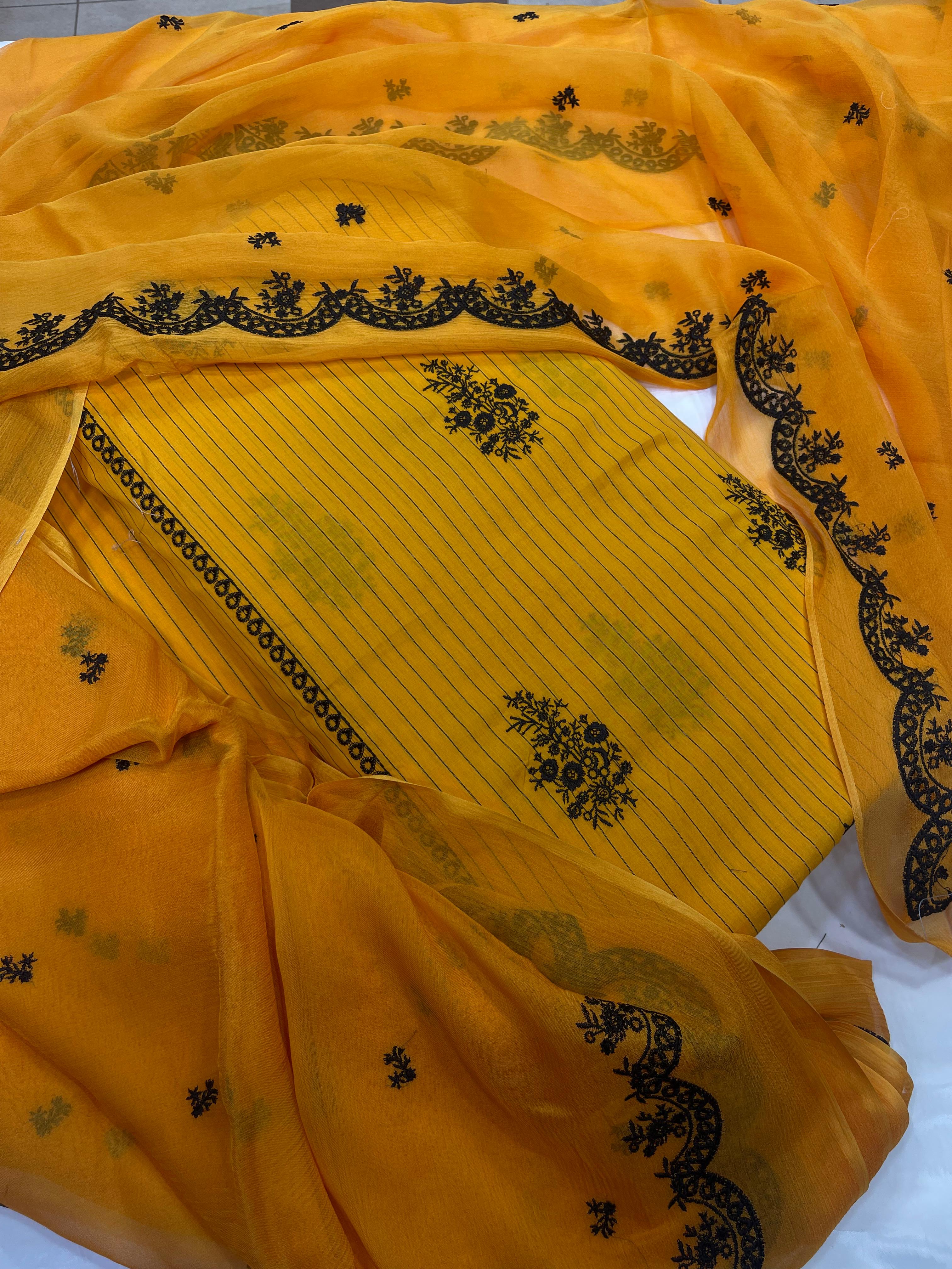 3 Pc Suit Pure Tana Dora Lawn Shirt Full Embroidered With Double Side Cutwork Style Border Dupatta